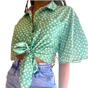 Polka Dot Tie-Front Blouse - Green